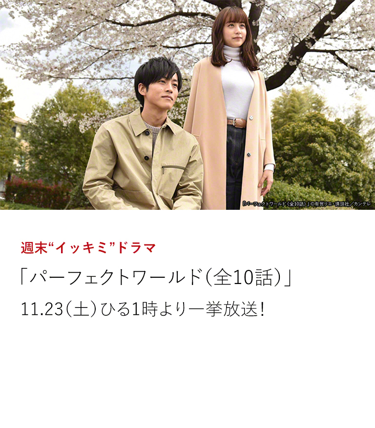 週末“イッキミ”ドラマ 「パーフェクトワールド(全10話)」 有賀リエのベストセラー漫画を 松坂桃李、山本美月、瀬戸康史ら旬のキャストでドラマ化。 純粋な気持ちで様々な困難を乗り越えていく感涙ラブストーリー。 11.23(土)ひる1時より一挙放送!