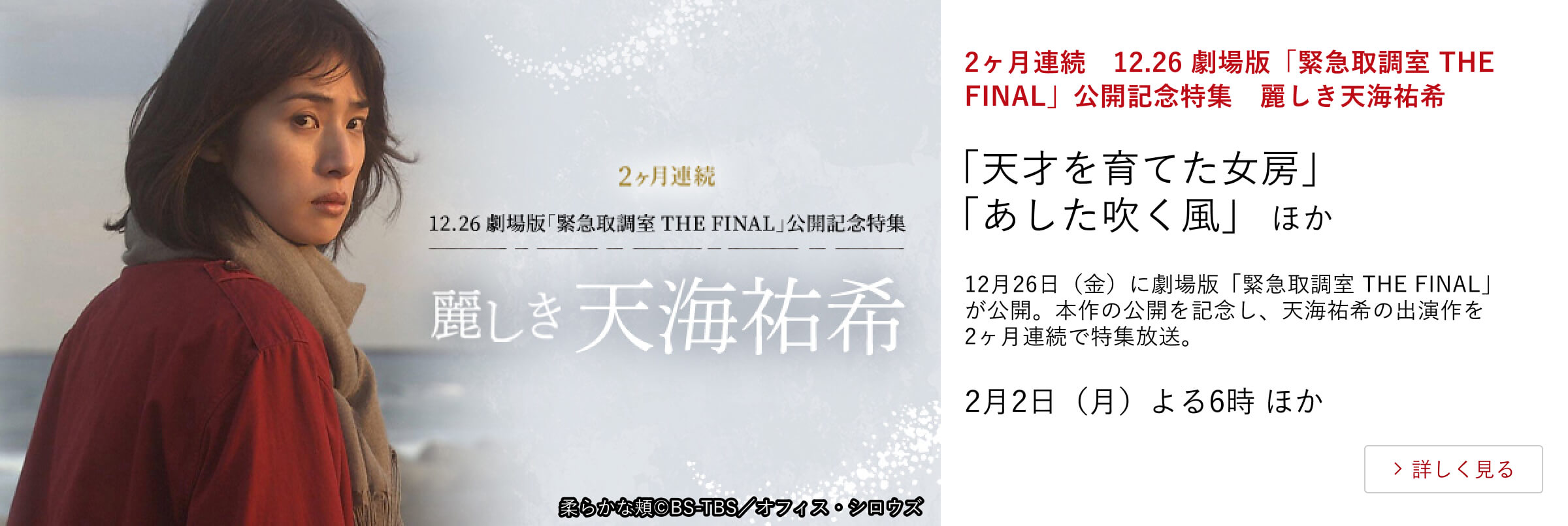 2ヶ月連続 12.26 劇場版「緊急取調室 THE FINAL」公開記念特集 麗しき天海祐希 「天才を育てた女房」「あした吹く風」 ほか 12月26日(金)に劇場版「緊急取調室 THE FINAL」が公開。 本作の公開を記念し、天海祐希の出演作を2ヶ月連続で特集放送。2月2日(月)よる6時 ほか