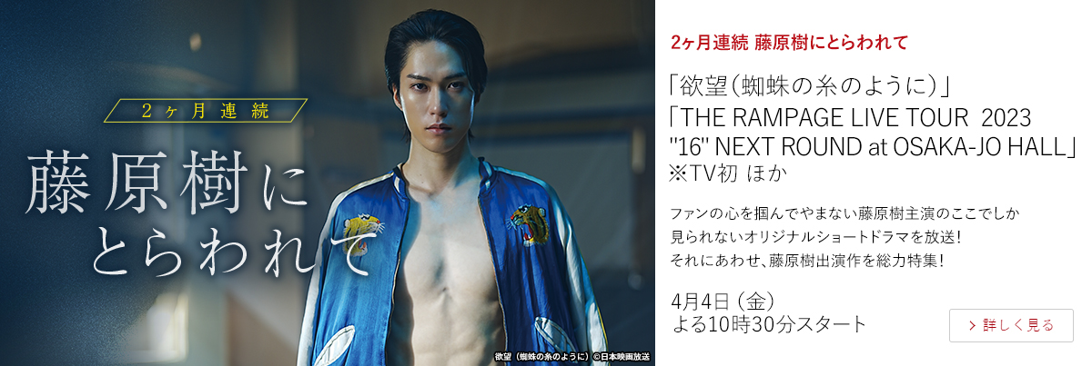 2ヶ月連続 藤原樹にとらわれて「欲望（蜘蛛の糸のように）」 「THE RAMPAGE LIVE TOUR 2023 "16" NEXT ROUND at OSAKA-JO HALL」※TV初 ほか  ファンの心を掴んでやまない藤原樹主演のここでしか見られないオリジナルショートドラマを放送！それにあわせ、藤原樹出演作を総力特集！  4月4日（金）よる10時30分スタート