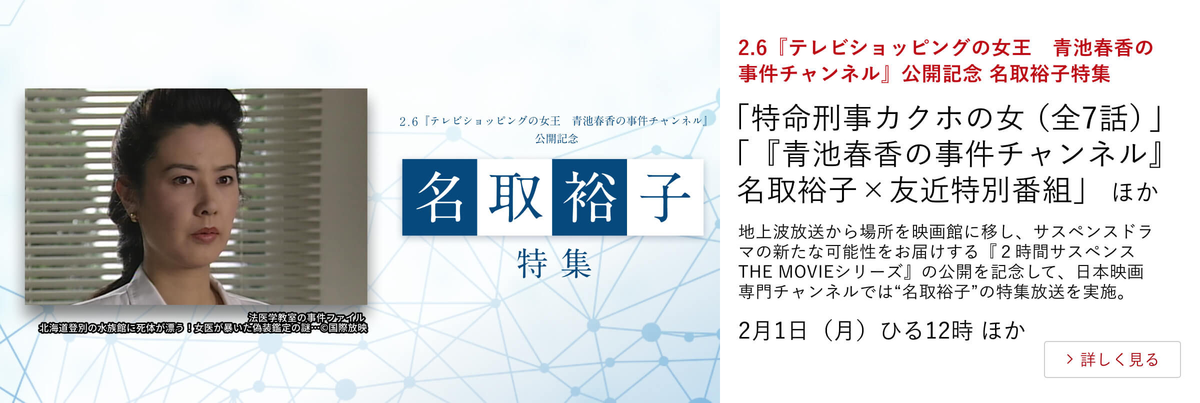 2.6『テレビショッピングの女王 青池春香の事件チャンネル』公開記念 名取裕子特集 「特命刑事カクホの女(全7話) 」 「『青池春香の事件チャンネル』名取裕子×友近特別番組」 ほか 地上波放送から場所を映画館に移し、サスペンスドラマの新たな可能性をお届けする『2時間サスペンス THE MOVIEシリーズ』の公開を記念して、日本映画専門チャンネルでは“名取裕子”の特集放送を実施。 2月1日(月)ひる12時 ほか