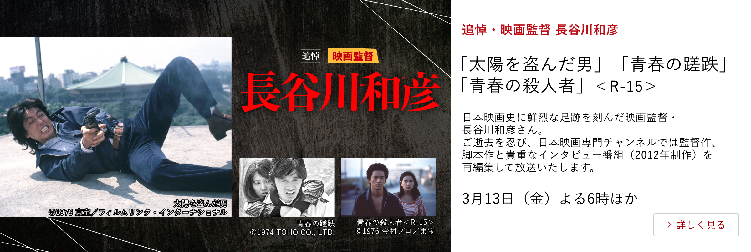 追悼・映画監督 長谷川和彦 「太陽を盗んだ男」「青春の蹉跌」 「青春の殺人者」<R-15> 日本映画史に鮮烈な足跡を刻んだ映画監督・長谷川和彦さん。 ご逝去を忍び、日本映画専門チャンネルでは監督作、脚本作と 貴重なインタビュー番組(2012年制作)を再編集して放送いたします。 3月13日(金)よる6時ほか