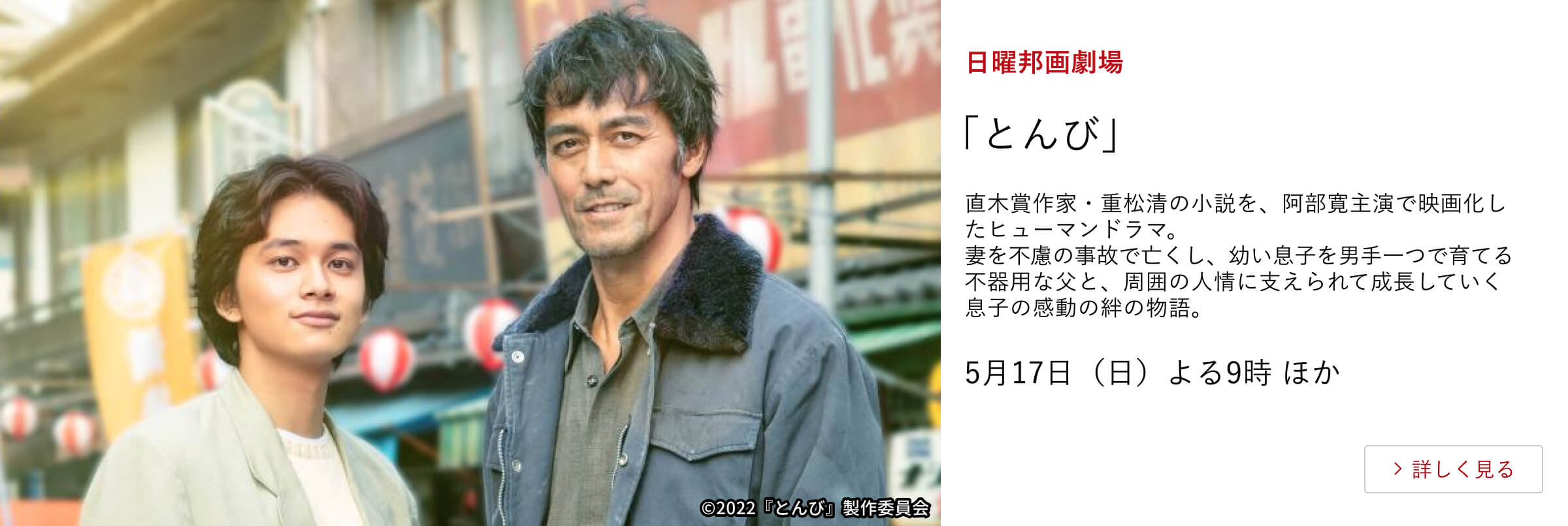 日曜邦画劇場 「とんび」直木賞作家・重松清の小説を、阿部寛主演で映画化したヒューマンドラマ。  妻を不慮の事故で亡くし、幼い息子を男手一つで育てる不器用な父と、周囲の人情に支えられて成長していく息子の感動の絆の物語。 5月17日（日）よる9時 ほか