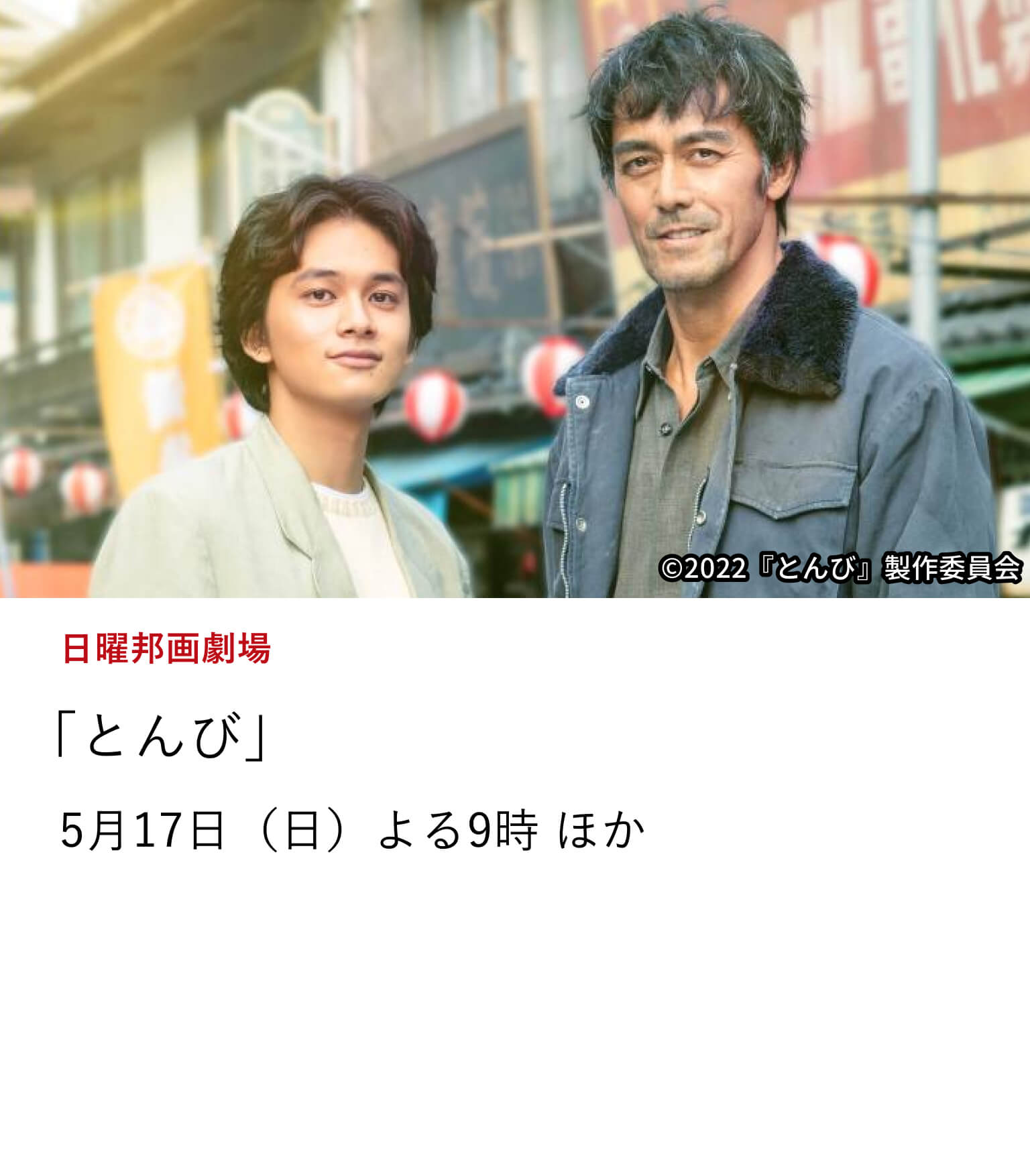 日曜邦画劇場 「とんび」直木賞作家・重松清の小説を、阿部寛主演で映画化したヒューマンドラマ。  妻を不慮の事故で亡くし、幼い息子を男手一つで育てる不器用な父と、周囲の人情に支えられて成長していく息子の感動の絆の物語。 5月17日（日）よる9時 ほか