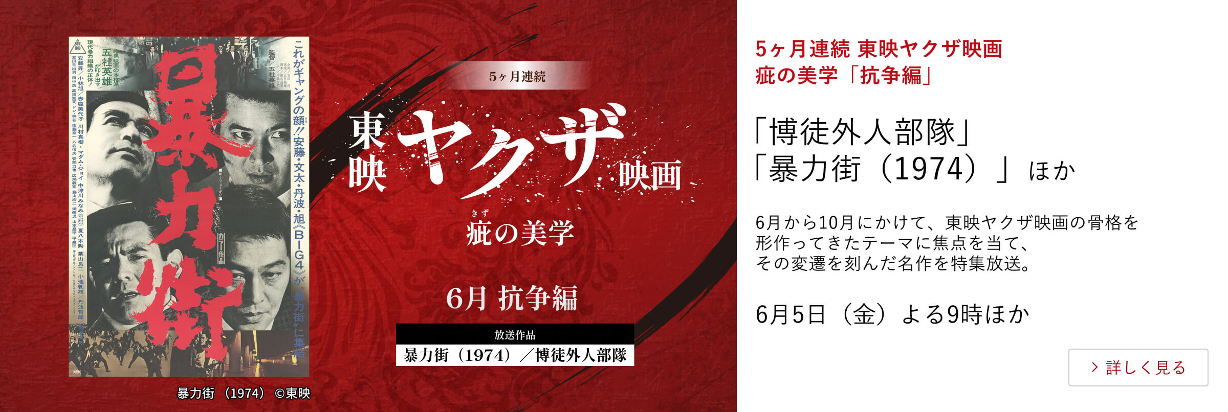5ヶ月連続 東映ヤクザ映画 疵の美学「抗争編」 「博徒外人部隊」 「暴力街(1974)」ほか 6月から10月にかけて、東映ヤクザ映画の骨格を形作ってきたテーマに焦点を当て、その変遷を刻んだ名作を特集放送。 6月5日(金)よる9時ほか
