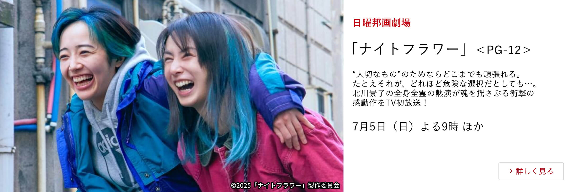 日曜邦画劇場 「ナイトフラワー」<PG-12> “大切なもの”のためならどこまでも頑張れる。たとえそれが、どれほど危険な選択だとしても…。 北川景子の全身全霊の熱演が魂を揺さぶる衝撃の感動作をTV初放送! 7月5日(日)よる9時 ほか
