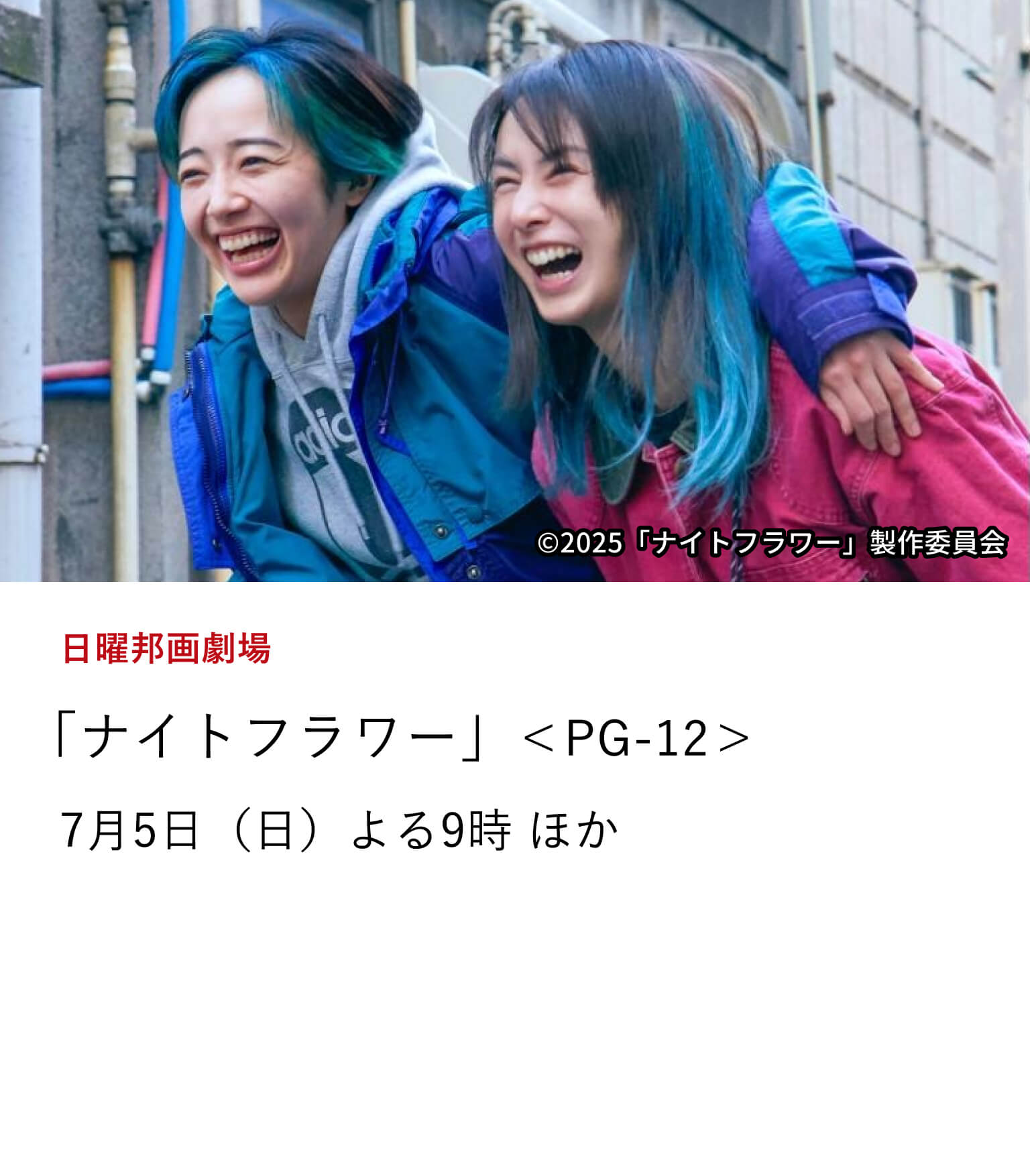 日曜邦画劇場 「ナイトフラワー」<PG-12> “大切なもの”のためならどこまでも頑張れる。たとえそれが、どれほど危険な選択だとしても…。 北川景子の全身全霊の熱演が魂を揺さぶる衝撃の感動作をTV初放送! 7月5日(日)よる9時 ほか