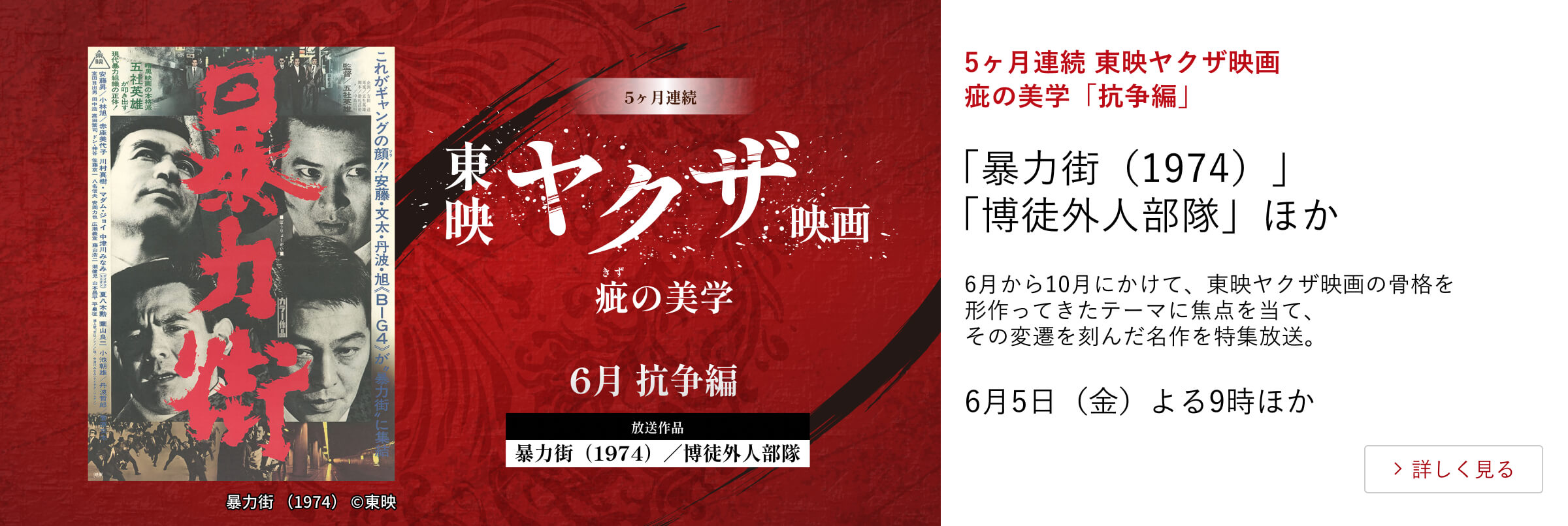 5ヶ月連続 東映ヤクザ映画 疵の美学「抗争編」 「博徒外人部隊」 「暴力街（1974）」ほか 6月から10月にかけて、東映ヤクザ映画の骨格を形作ってきたテーマに焦点を当て、その変遷を刻んだ名作を特集放送。 6月5日（金）よる9時ほか