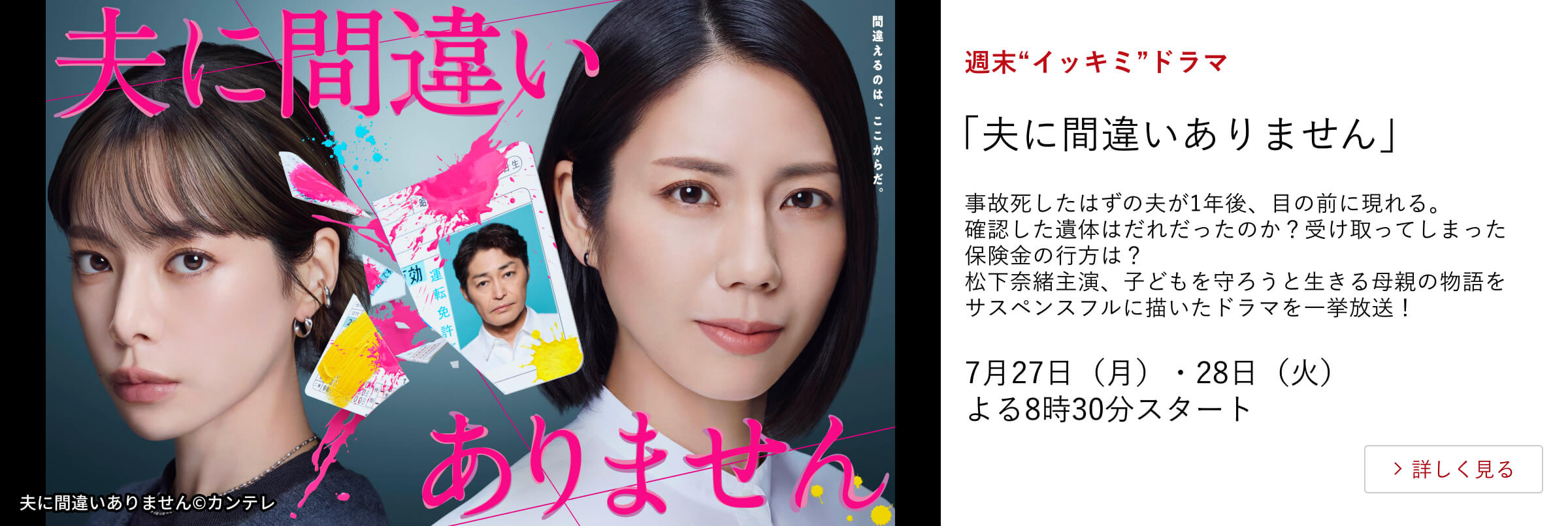 週末“イッキミ”ドラマ「夫に間違いありません」事故死したはずの夫が1年後、目の前に現れる。確認した遺体はだれだったのか？受け取ってしまった保険金の行方は？ 松下奈緒主演、子どもを守ろうと生きる母親の物語をサスペンスフルに描いたドラマを一挙放送！7月27日（月）・28日（火）よる8時30分スタート