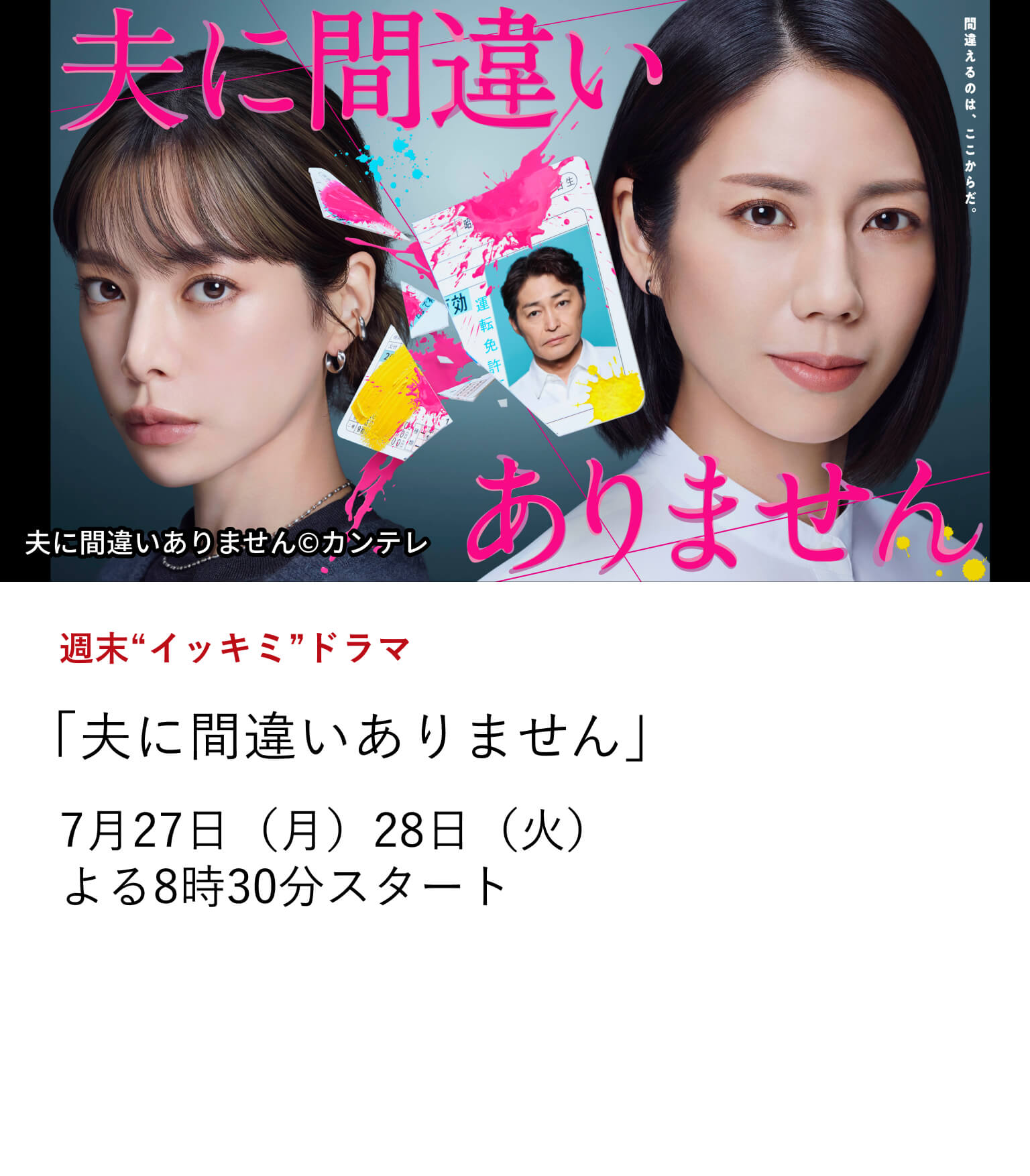 週末“イッキミ”ドラマ「夫に間違いありません」事故死したはずの夫が1年後、目の前に現れる。確認した遺体はだれだったのか？受け取ってしまった保険金の行方は？ 松下奈緒主演、子どもを守ろうと生きる母親の物語をサスペンスフルに描いたドラマを一挙放送！7月27日（月）・28日（火）よる8時30分スタート
