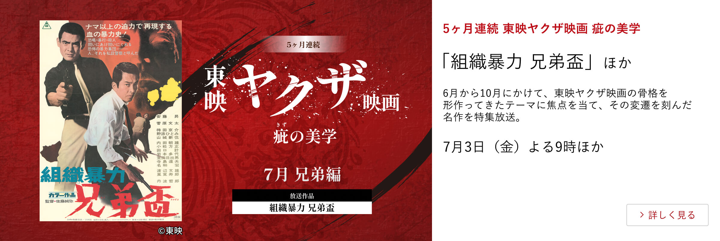 5ヶ月連続 東映ヤクザ映画 疵の美学 「組織暴力 兄弟盃」ほか 6月から10月にかけて、東映ヤクザ映画の骨格を形作ってきたテーマに焦点を当て、その変遷を刻んだ名作を特集放送。7月3日（金）よる9時ほか