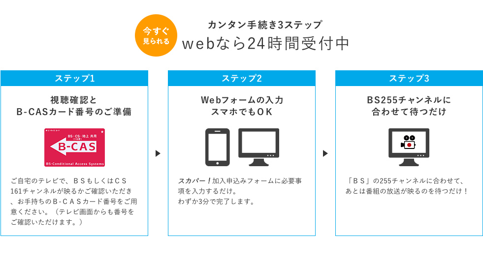 今すぐ見られるカンタン手続き3ステップ webなら24時間受付中 ステップ1：視聴確認とB-CASカード番号のご準備/ステップ2：Webフォームの入力 スマホでもOK/ステップ3：BS255チャンネルに合わせて待つだけ