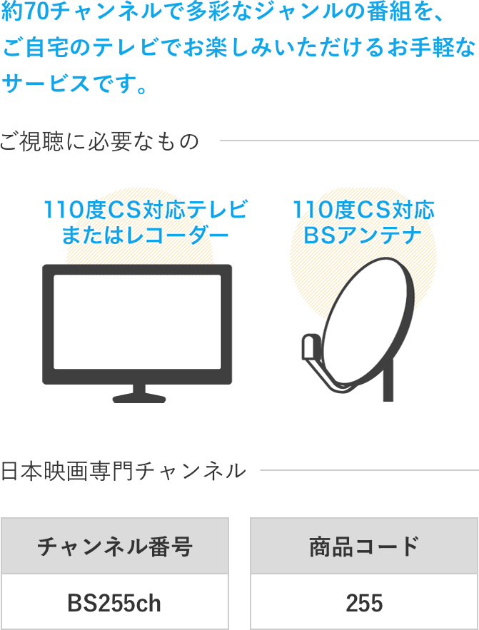 アンテナ不要の光ファイバーを使ったテレビサービスです。ご視聴に必要なもの：フレッツテレビ、プレミアムサービス光対応チューナー/日本映画専門チャンネルHD：チャンネル番号CS634、商品コード634