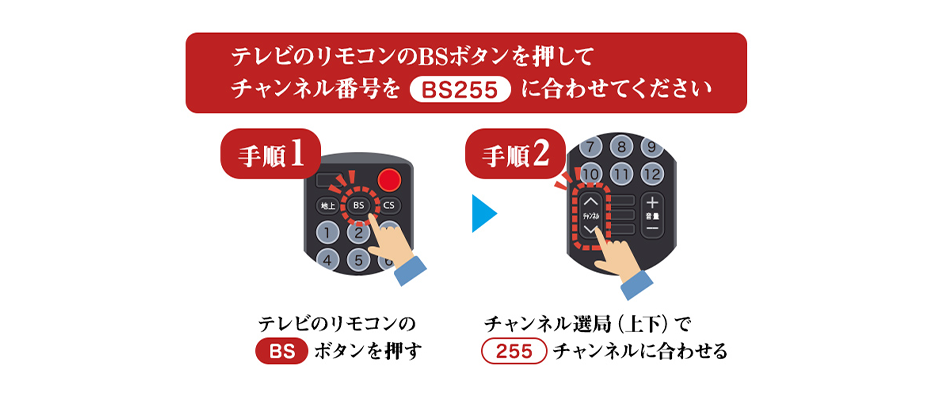 テレビのリモコンのBSボタンを押してチャンネル番号をBS255に合わせてください